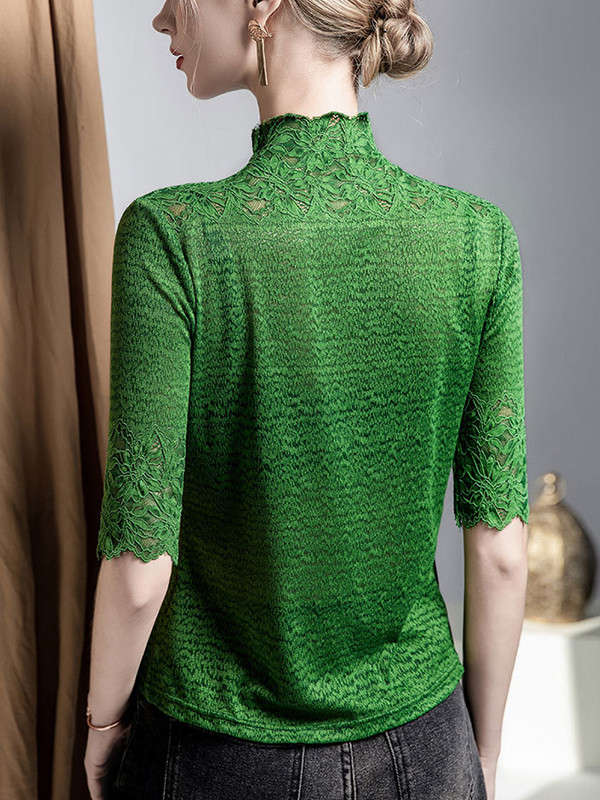 Slightly Sheer Split-Joint Textured False Two Half Sleeves High Neck T-Shirts Tops