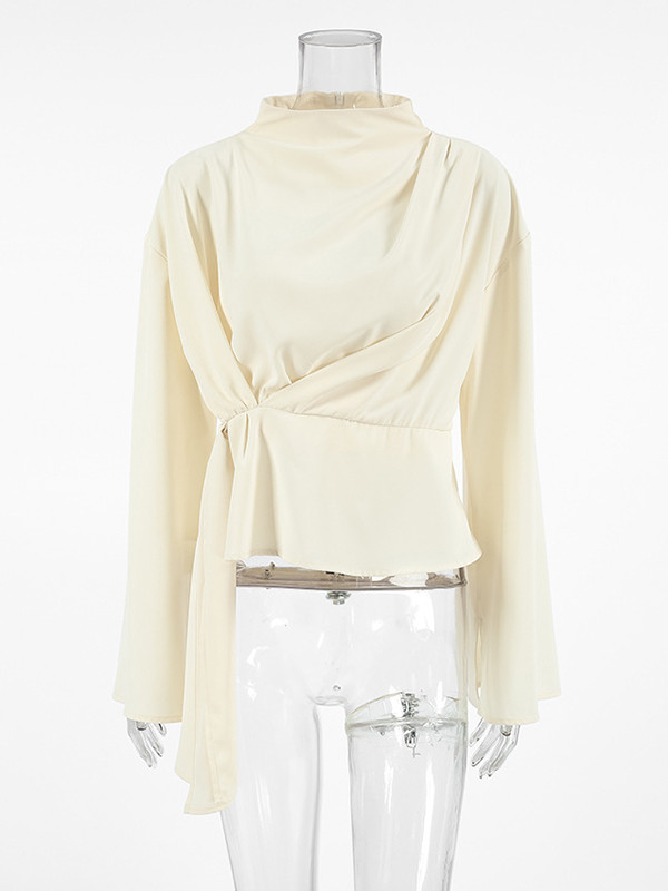 Solid Color Twist Flared Sleeves Long Sleeves Half Turtleneck Blouses&Shirts Tops