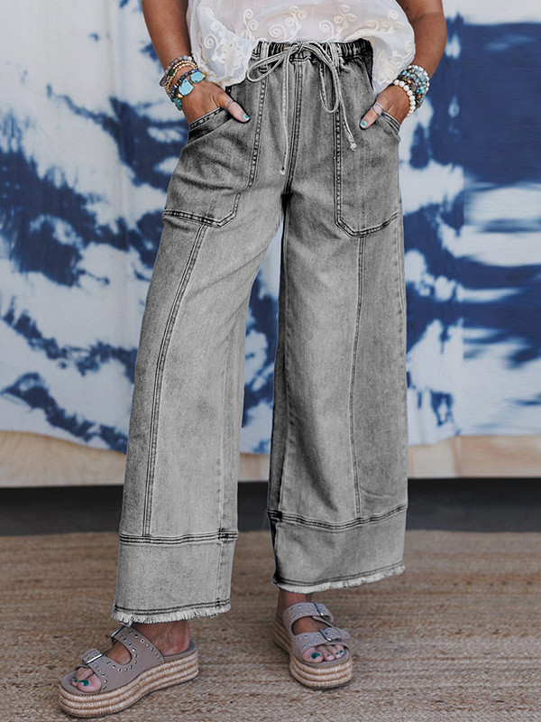 Drawstring Fringed Pockets Solid Color High Waisted Loose Jean Pants Bottoms
