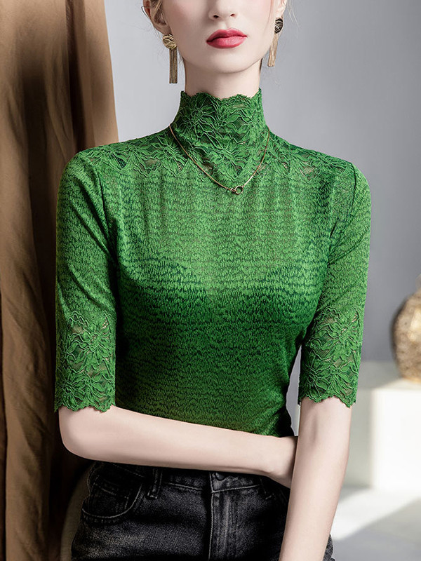 Slightly Sheer Split-Joint Textured False Two Half Sleeves High Neck T-Shirts Tops