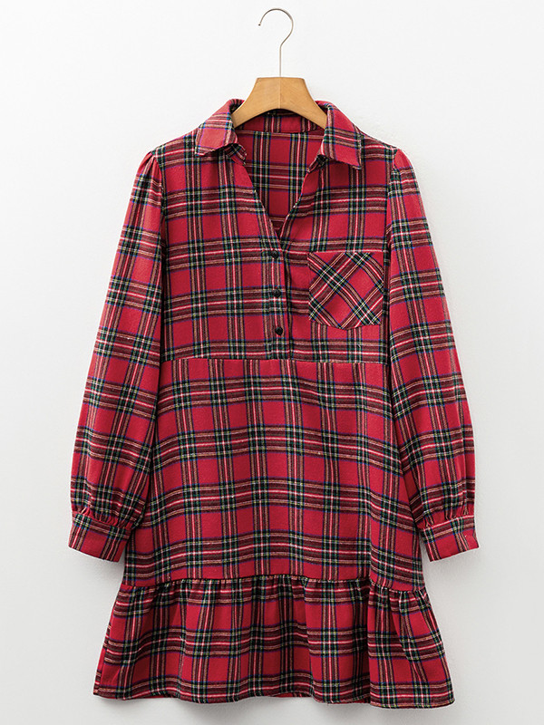 Buttoned Plaid Pleated Pockets A-Line High Waisted Lapel Mini Dresses
