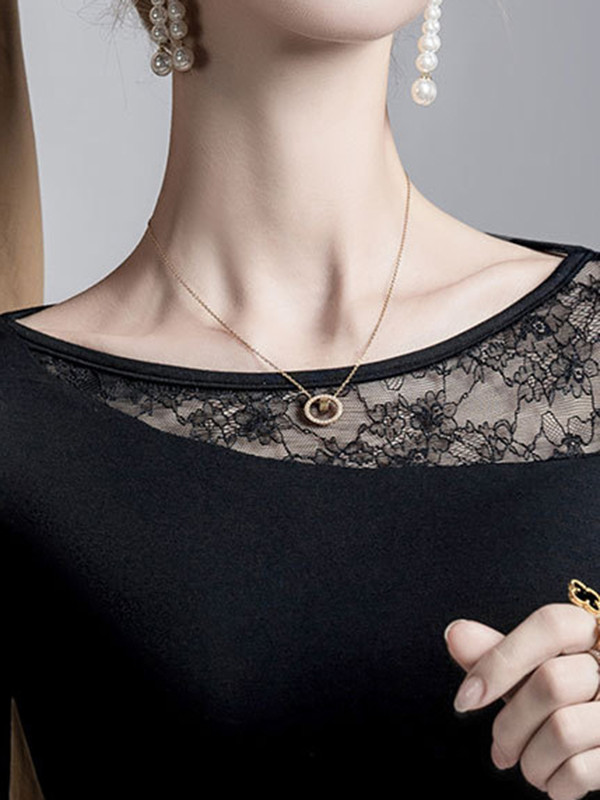 Asymmetric Embroidered Mesh See-Through Split-Joint False Two Long Sleeves Round-Neck T-Shirts