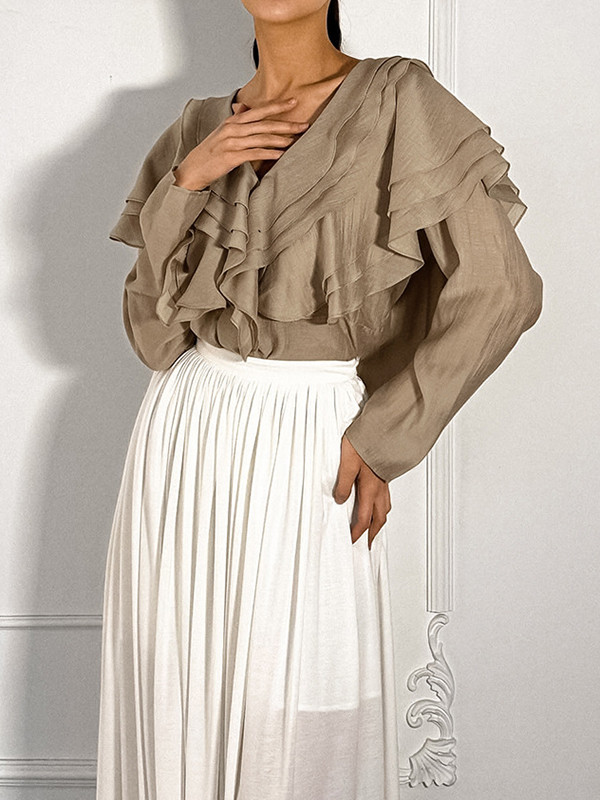 Backless Ruffled Solid Color Long Sleeves V-Neck Blouses&Shirts Tops
