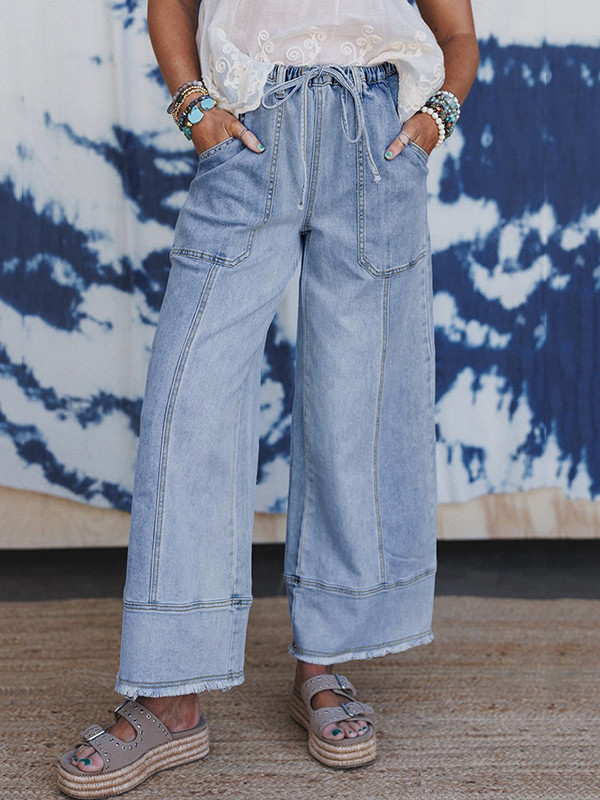 Drawstring Fringed Pockets Solid Color High Waisted Loose Jean Pants Bottoms