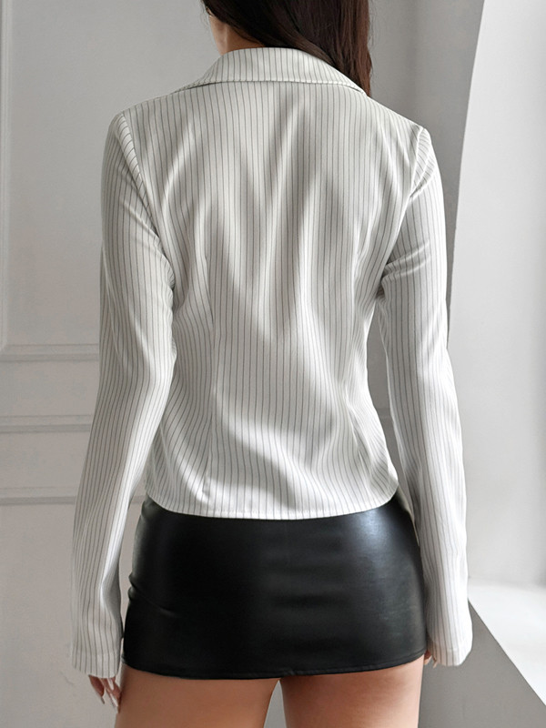 Buttoned Contrast Color Striped Long Sleeves Skinny Lapel Blouses&Shirts Tops