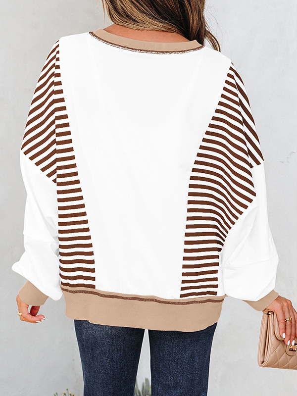Contrast Color Striped Long Sleeves Loose Round-neck Sweatshirt Tops