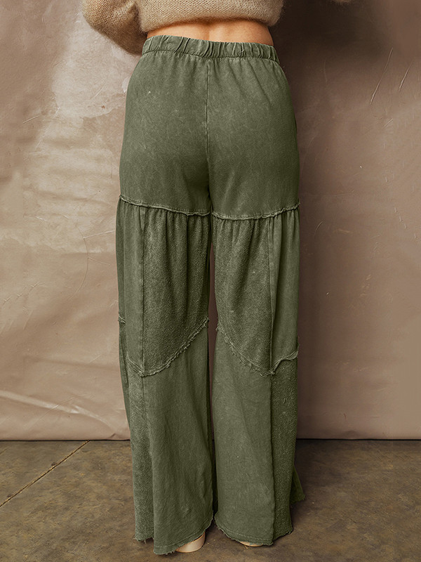 Drawstring Pleated Pockets Solid Color Split-Joint High Waisted Loose Trousers Pants