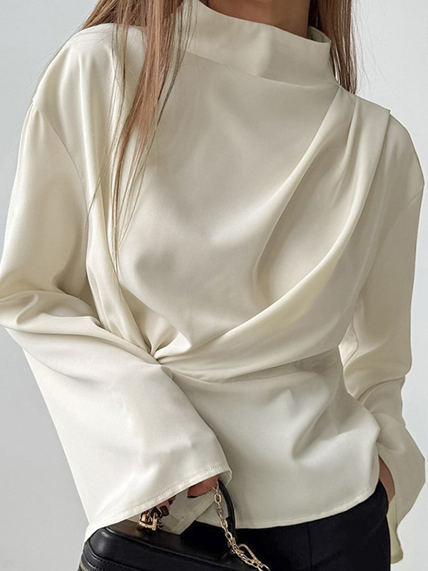 Solid Color Twist Flared Sleeves Long Sleeves Half Turtleneck Blouses&Shirts Tops