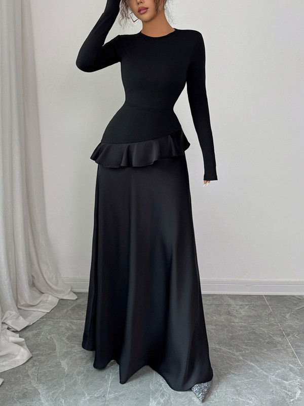 Ruffle Trim Solid Color Split-Joint A-Line High Waisted Round-Neck Maxi Dresses