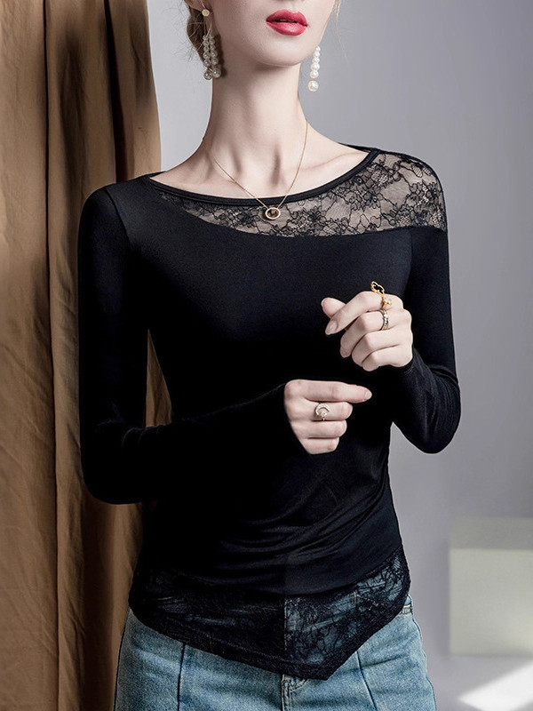 Asymmetric Embroidered Mesh See-Through Split-Joint False Two Long Sleeves Round-Neck T-Shirts