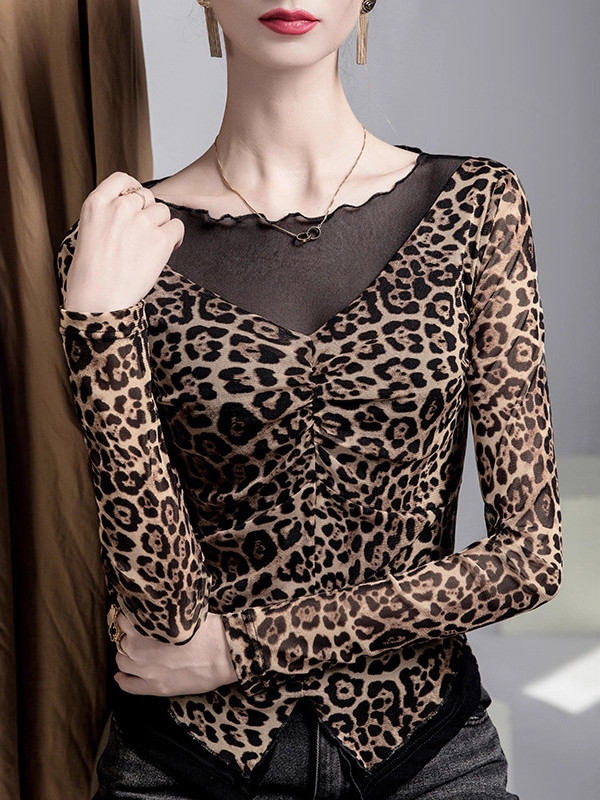 Leopard Pleated Split-Joint False Two Long Sleeves Boat Neck T-Shirts Tops
