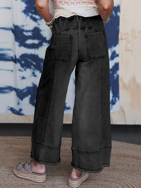 Drawstring Fringed Pockets Solid Color High Waisted Loose Jean Pants Bottoms