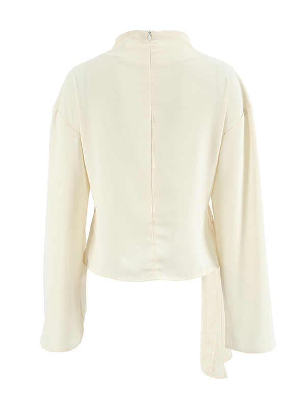 Solid Color Twist Flared Sleeves Long Sleeves Half Turtleneck Blouses&Shirts Tops