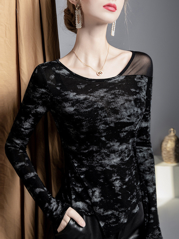 Asymmetric Graffiti Printed Mesh Split-Joint Irregularity Long Sleeves Round-Neck T-Shirts Tops