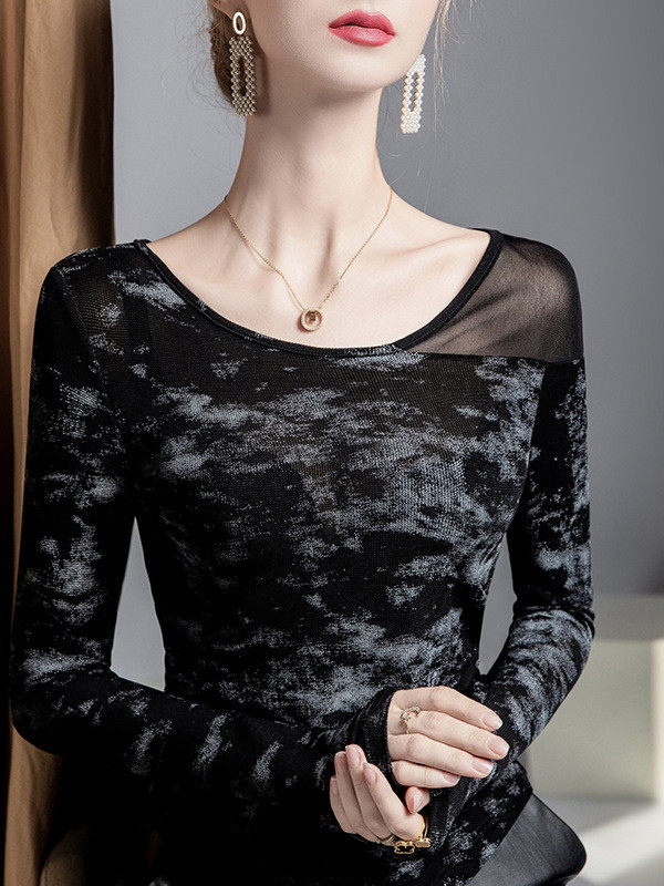 Asymmetric Graffiti Printed Mesh Split-Joint Irregularity Long Sleeves Round-Neck T-Shirts Tops