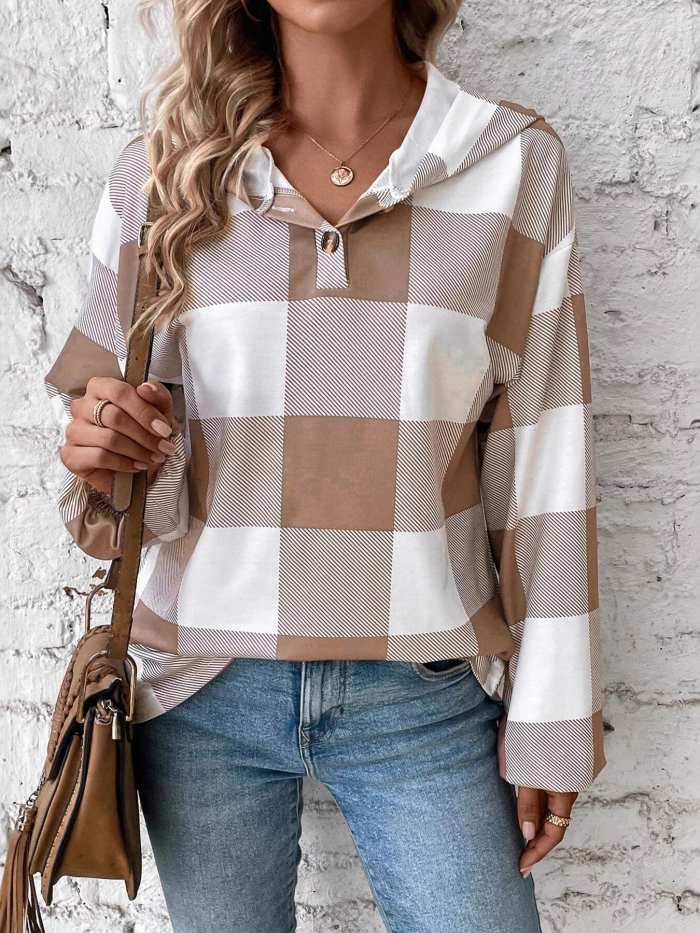 Casual Plaid Button Detail Hoodie