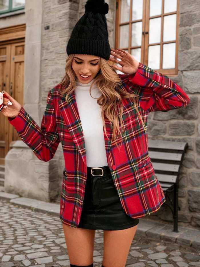 Plaid Single-Button Blazer