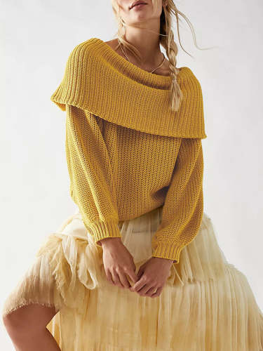 Long Sleeves Loose Solid Color Split-Joint Round-Neck Sweater Tops