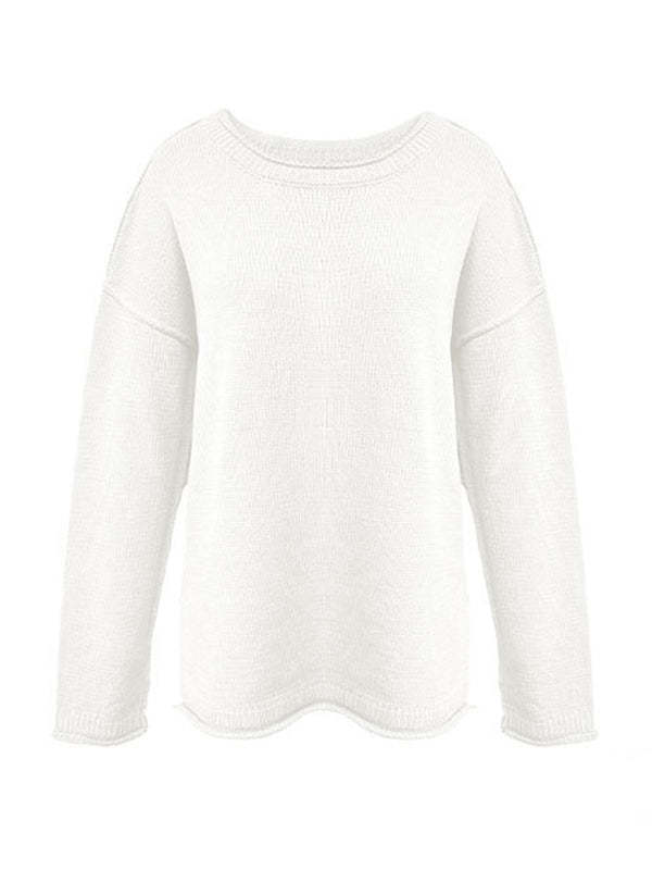 Long Sleeves Loose Solid Color Split-Joint Round-Neck Sweater Tops