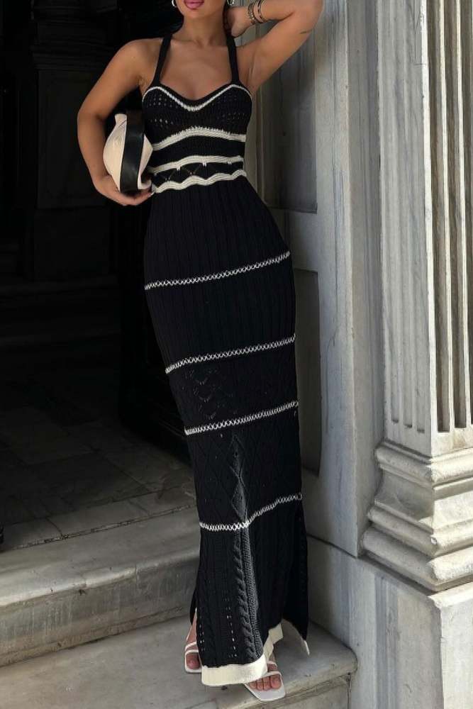 🌸 Bohemian Color-Blocked Knit Cotton Bodycon Dress