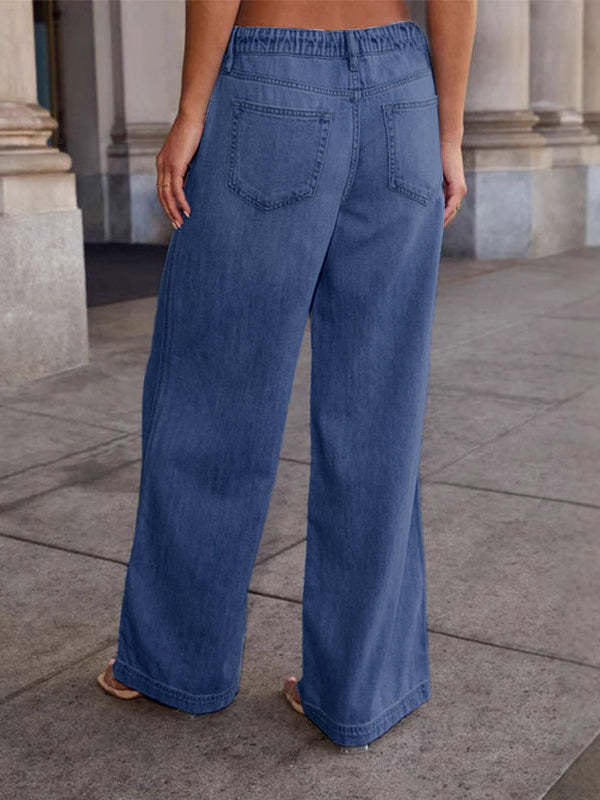 High Waisted Loose Drawstring Elasticity Split-Joint Jean Pants Bottoms