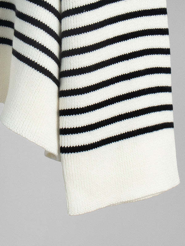 Long Sleeves Loose Split-Joint Striped Lapel Sweater Tops
