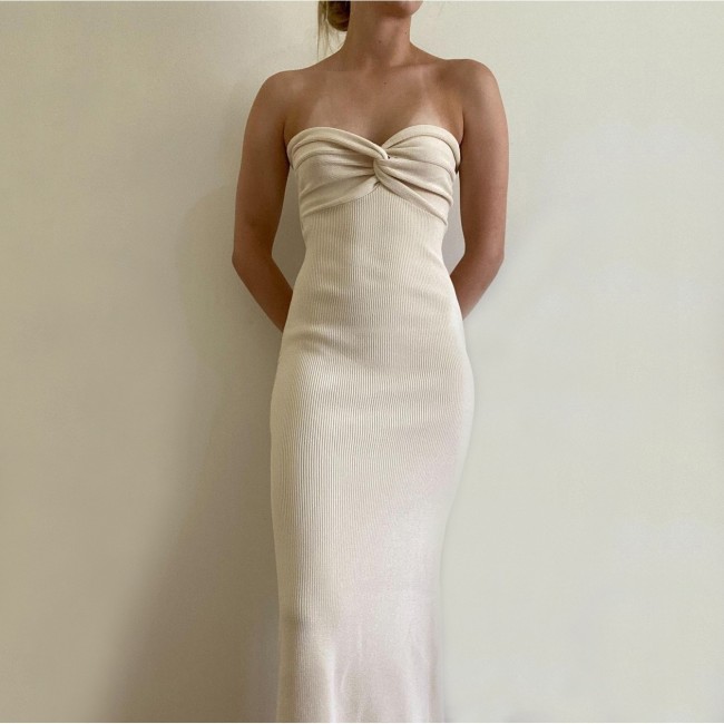 Butterscotch Knitted Twist Knot Front Tube Maxi Dress