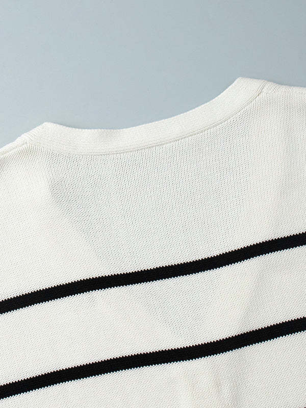 Long Sleeves Loose Split-Joint Striped V-Neck Cardigan Tops