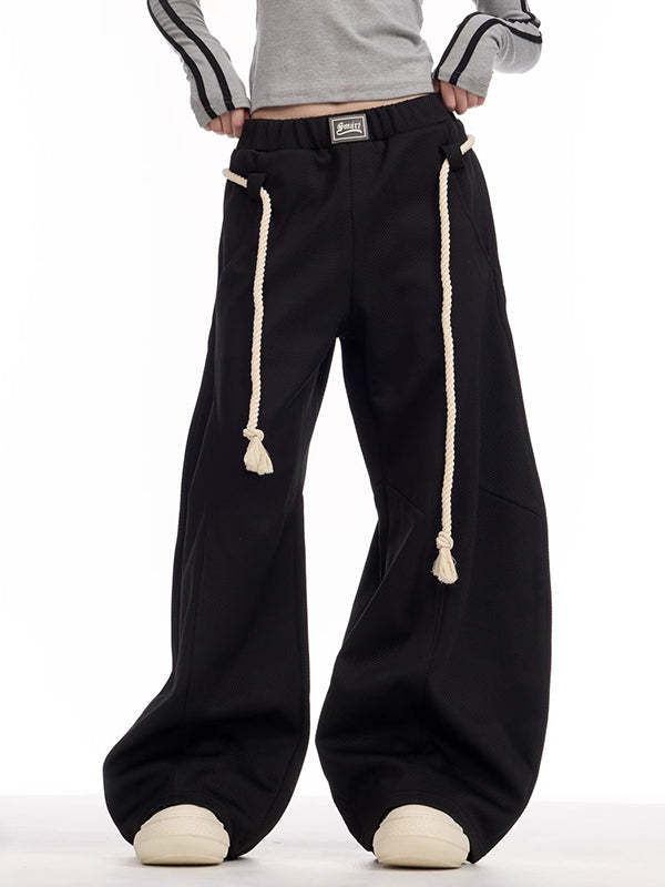 High Waisted Loose Drawstring Elasticity Pockets Solid Color Pants Trousers