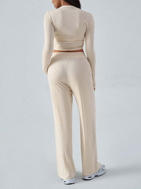 Long Sleeves Loose Solid Color Round-Neck T-Shirt Top + Drawstring Elasticity Pockets Pants Bottom Two Pieces Set