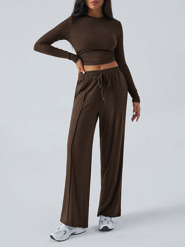 Long Sleeves Loose Solid Color Round-Neck T-Shirt Top + Drawstring Elasticity Pockets Pants Bottom Two Pieces Set