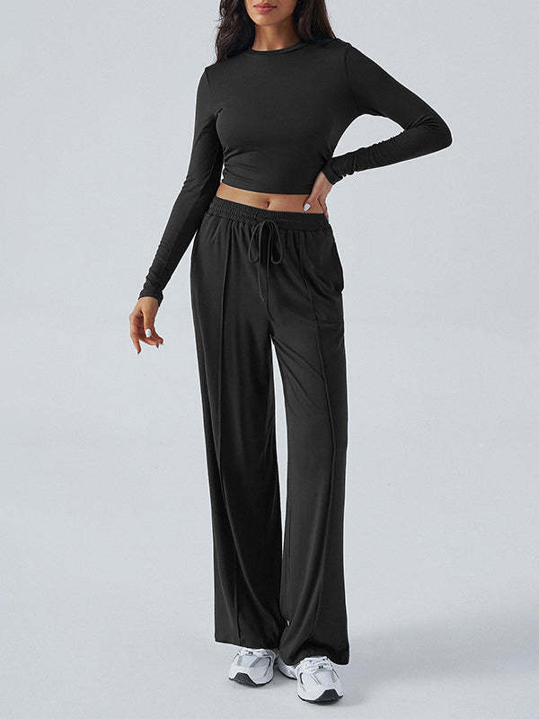 Long Sleeves Loose Solid Color Round-Neck T-Shirt Top + Drawstring Elasticity Pockets Pants Bottom Two Pieces Set
