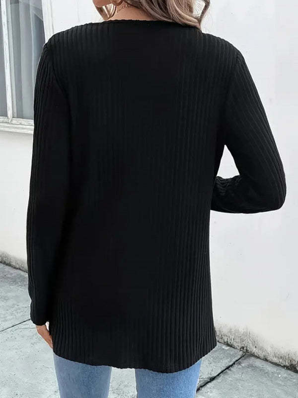 Long Sleeves Loose Beaded Solid Color Collarless Cardigan Tops