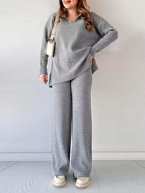 Loose Long Sleeves Solid Color Split-Side Lapel Sweater Top + Pants Two Pieces Set