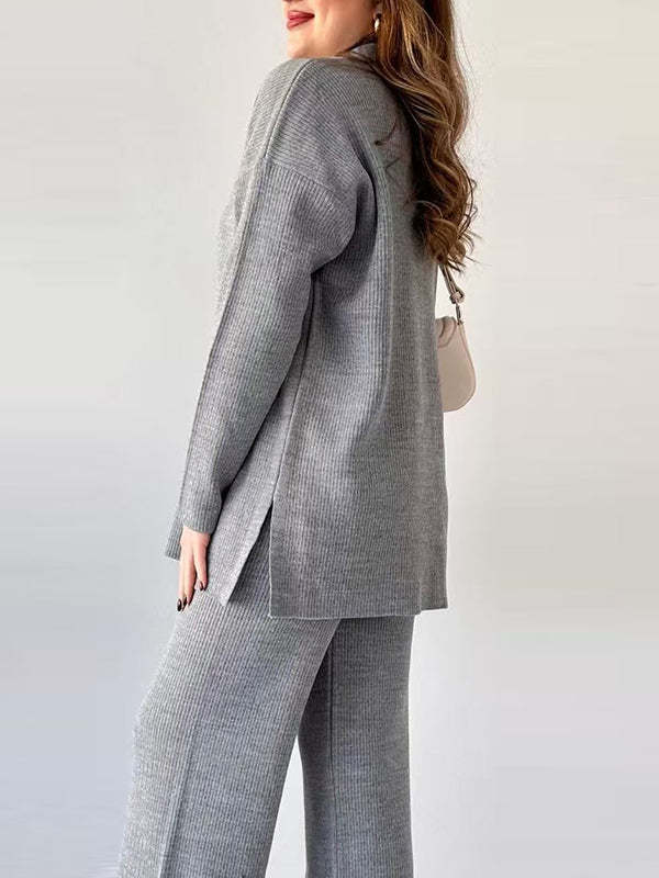 Loose Long Sleeves Solid Color Split-Side Lapel Sweater Top + Pants Two Pieces Set
