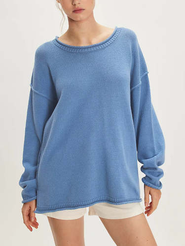 Long Sleeves Loose Solid Color Split-Joint Round-Neck Sweater Tops