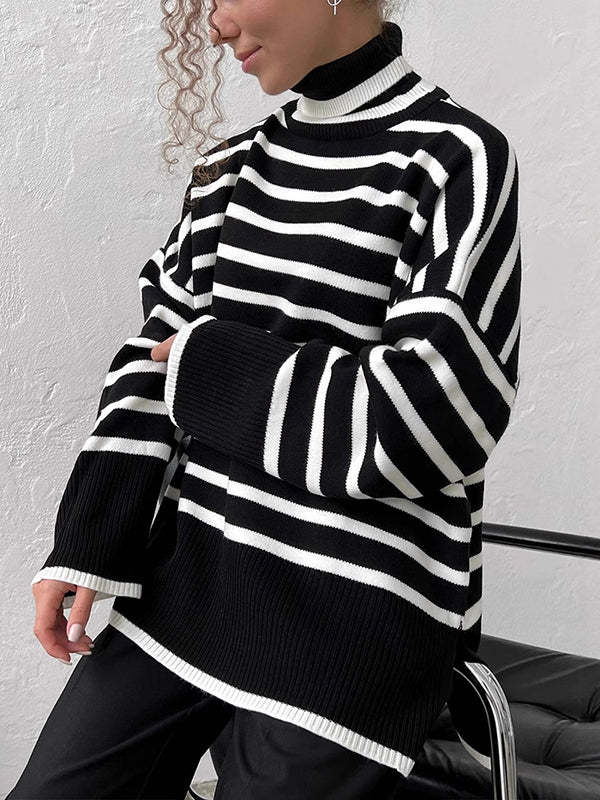 High-Low Long Sleeves Split-Joint Split-Side Striped High Neck Sweater Tops