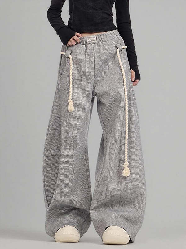 High Waisted Loose Drawstring Elasticity Pockets Solid Color Pants Trousers