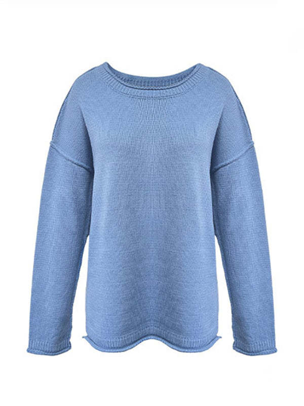 Long Sleeves Loose Solid Color Split-Joint Round-Neck Sweater Tops