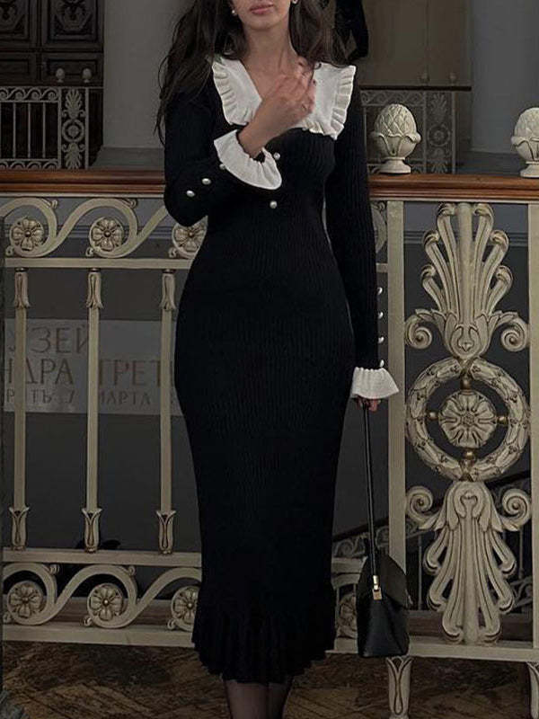 Long Sleeves Pleated Ruffled Split-Joint Peter Pan Collar Midi Dresses Sweater Dresses