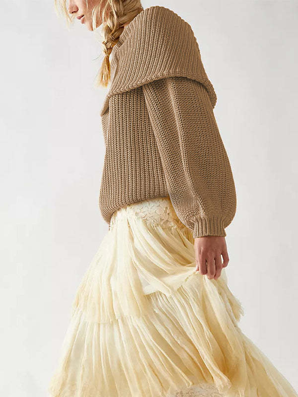 Long Sleeves Loose Solid Color Split-Joint Round-Neck Sweater Tops