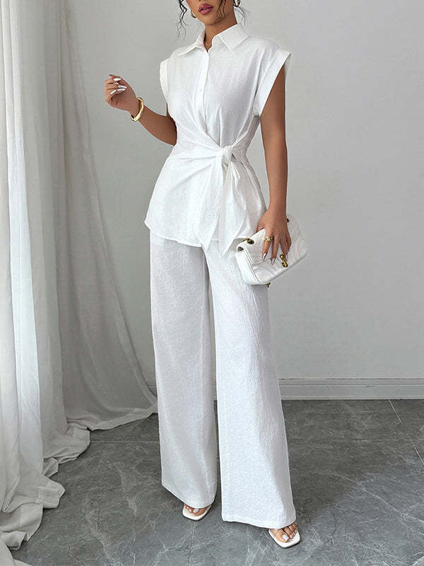 Short Sleeves Buttoned Solid Color Tied Lapel T-Shirt Top + Pockets Pants Bottom Two Pieces Set