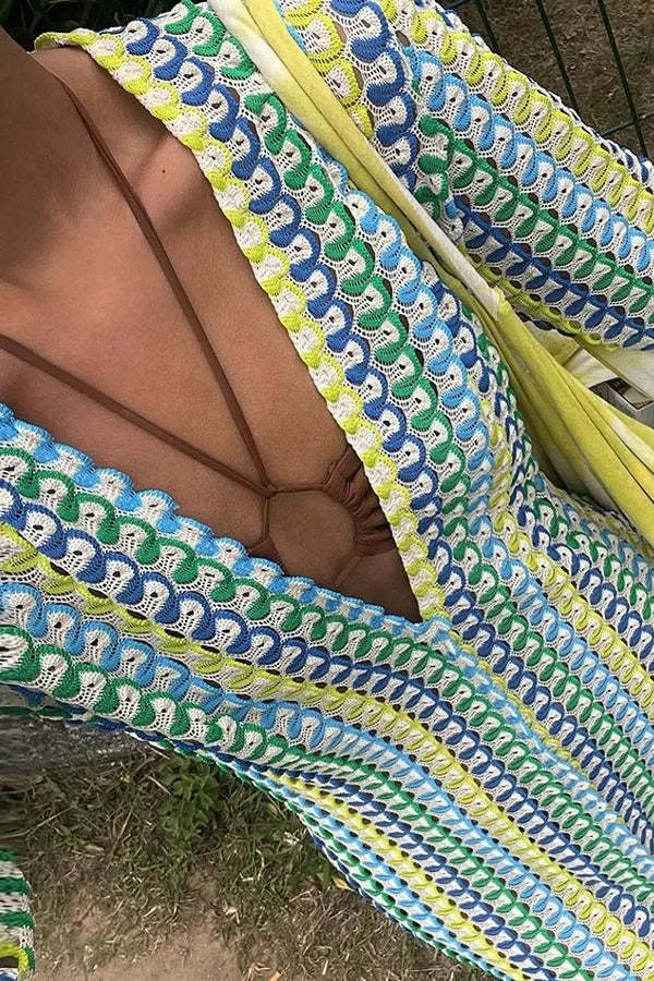 🌊 Beach Knit Wave Print Long Sleeve Maxi Dress – Vibrant Vacation Style