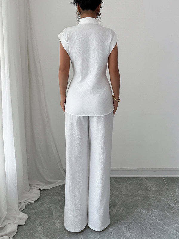 Short Sleeves Buttoned Solid Color Tied Lapel T-Shirt Top + Pockets Pants Bottom Two Pieces Set
