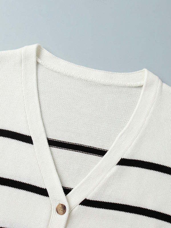 Long Sleeves Loose Split-Joint Striped V-Neck Cardigan Tops