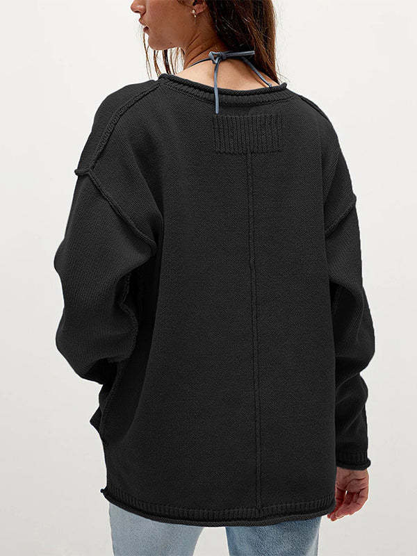 Long Sleeves Loose Solid Color Split-Joint Round-Neck Sweater Tops