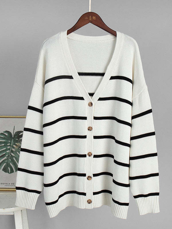 Long Sleeves Loose Split-Joint Striped V-Neck Cardigan Tops