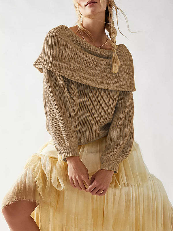Long Sleeves Loose Solid Color Split-Joint Round-Neck Sweater Tops