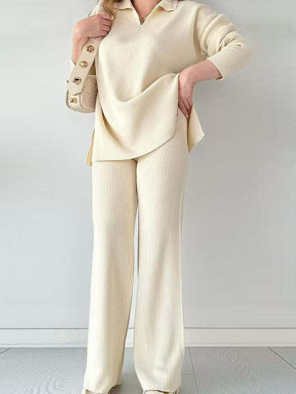 Loose Long Sleeves Solid Color Split-Side Lapel Sweater Top + Pants Two Pieces Set