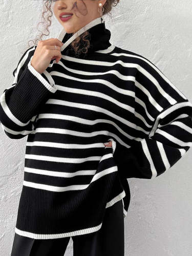 High-Low Long Sleeves Split-Joint Split-Side Striped High Neck Sweater Tops